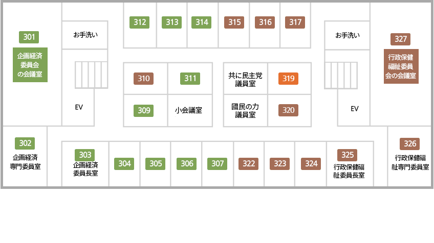 企画経済委員会の会議室、企画経済専門委員室、企画経済委員長室、企画経済委員会議員室、お手洗い、行政保健福祉委員会議員室、行政保健福祉委員会の会議室、行政保健福祉委員長室、行政保健福祉専門委員室、ダブロ民主党議員室、自由韓国党議員室